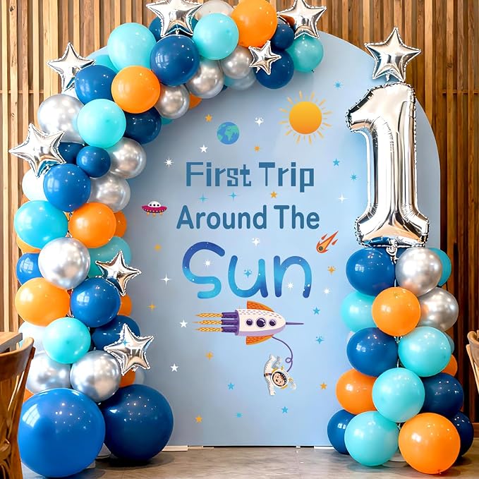 LHIUEM First Trip Around The Sun Birthday Stickers Astronaut Rocket Outer Space Murals for Baby Boy Shower 1ST Trip Around The Sun Decals Blue Planets Theme Birthday Wall Decor for Party Arch Backdrop - Image 5