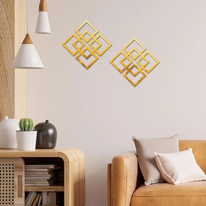 flangairy 2 Piece Gold Geometric Wall Mirrors, 11.8 Inch Wooden Frame Acrylic Mirror Decor for Bathroom Bedroom Living Room Modern Farmhouse Home Decorations - Image 4
