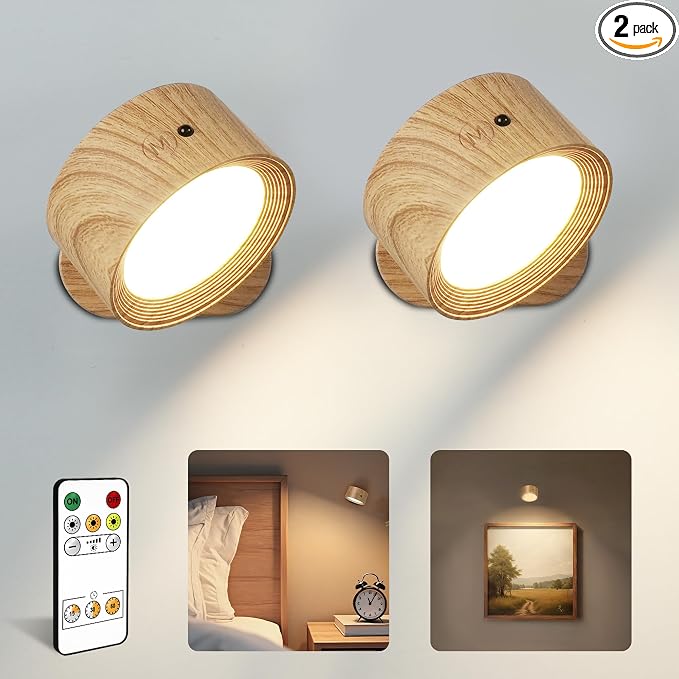 Rechargeable Wall Sconces with Remote, Magnetic Wall Lights, Wood 2 Pack | 3 Color Temperatures, Remote and Touch Control, 360° Rotating and Dimmable for Living Room & Bedroom by AMETHEUS