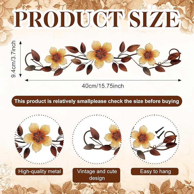 Wesiti Metal Flower Wall Decor Wrought Iron Scroll 15.7x3.7,Yellow | Vintage Metal Flower decor,Farmhouse Leaf Art with Nails, Flat Not 3D Design, For Bedroom Kitchen Indoor Outdoor Wall Decor - Image 2