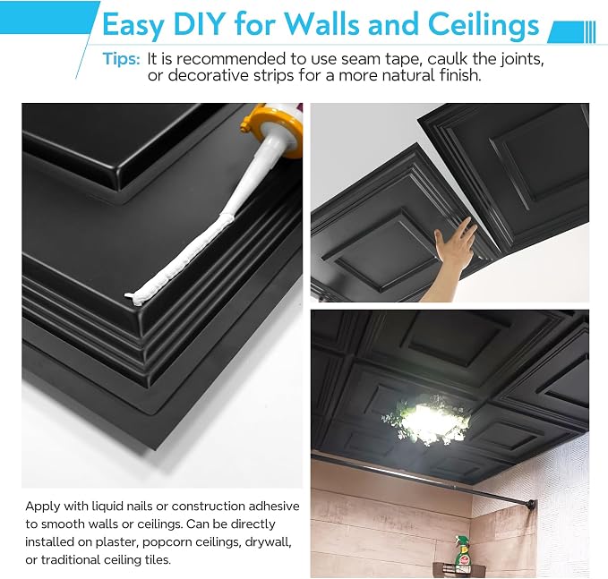 STICKGOO Black PVC Ceiling Tiles, 24 x 24 in, 12 Pack | 2 x 2ft Drop ceiling panels, covers 48 sq ft, lightweight, ideal for glue-up installation or covering existing ceiling - Image 4