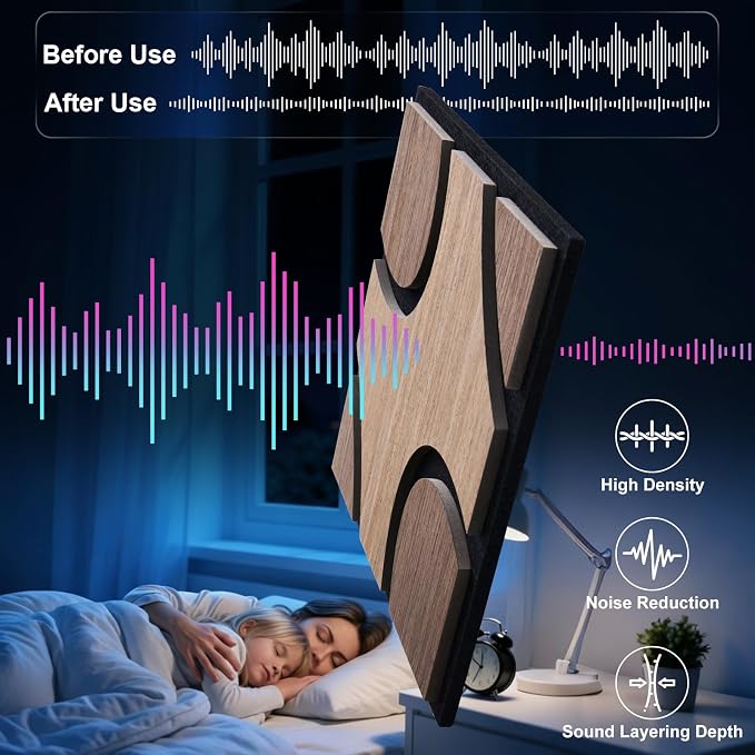 Acoustic Wood Slat Panels, 3D Fluted Wood Panel Sound Absorbing Panel for Bedroom, Office, Interior Decor, 12Pack 11.8"x11.8" (15.5ft²) Soundproof Panels, Bean & Heart Black Oak - Image 8