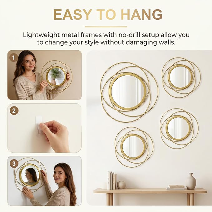 4 Piece Gold Round Wall Mirror Set Modern Metal Circles for Home Decor - Image 3