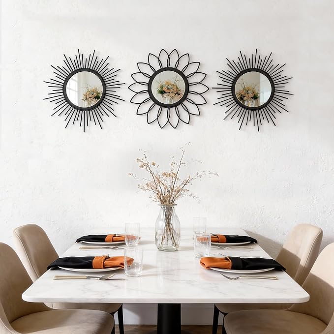 Set of 3 Black Metal Sunburst Wall Mirrors - 12" Round Decorative Art for Living Room Bedroom Bathroom Entryway, No Assembly Required, Rust Resistant Design - Image 5