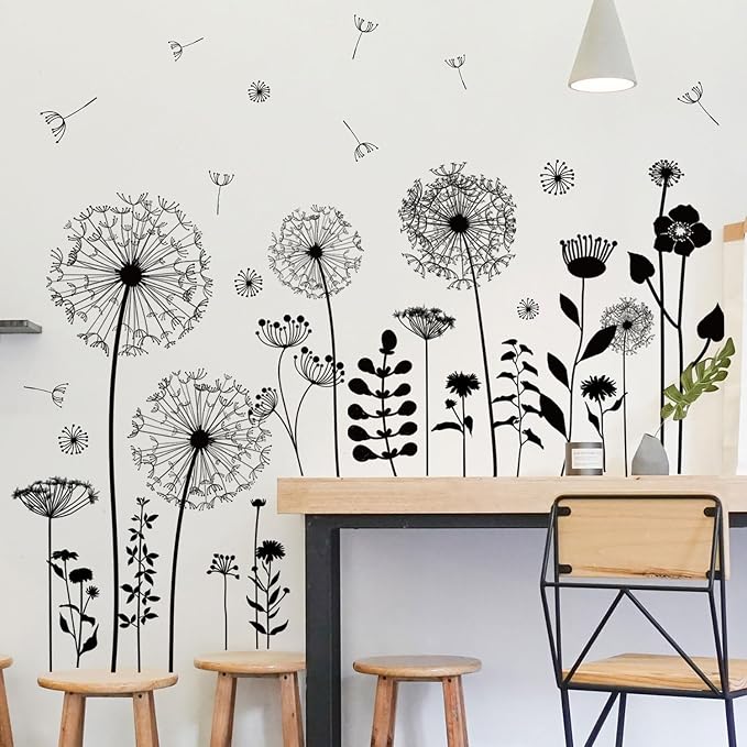 Black Dandelion Wall Decals Peel and Stick - Large Floral Wall Art Stickers with Flying Flowers, Boho Vintage Removable Vinyl Decor for Bedroom Living Room Nursery Bathroom - Image 2