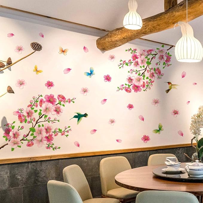 LiveGallery Pink Cherry Blossom Flower Birds Vinyl Art Wall Decal Brown 3D Peel and Stick DIY Tree Branch Wall Stickers Decor for Girls Teens Baby Bedroom Nursery Living Room Home Decoration - Image 4