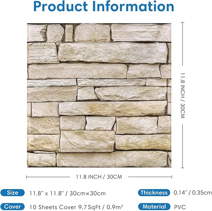 COMSTICKC 3D Faux Stone Wall Panels Peel and Stick, 10 Pcs 11.8" x 11.8" | Light Brown, Not Real Stone, Ultra-Light Thin PVC 3D Fake Rock Decorative Covering for DIY Interior Decor, Cover 9.7 sq ft - Image 5
