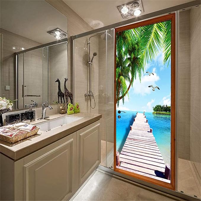 artfanke 3D Door Sticker Peel and Stick 33.5"x84.6"- Self-Adhesive Door Murals Wallpaper- Wooden Bridge Seascape Wall Decals Waterproof for Bedroom Decor (2 Sheets/Set) - Image 4