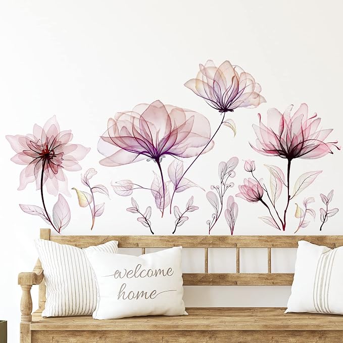 Zonon 6 Pcs Flower Wall Decals Peel and Stick Sticker, Pink Flower | Vinyl Removable Wall Stickers & Murals, Watercolor Wall Decals, Pink Flower Decor for Bedroom, Living Room, Nursery by Zonon