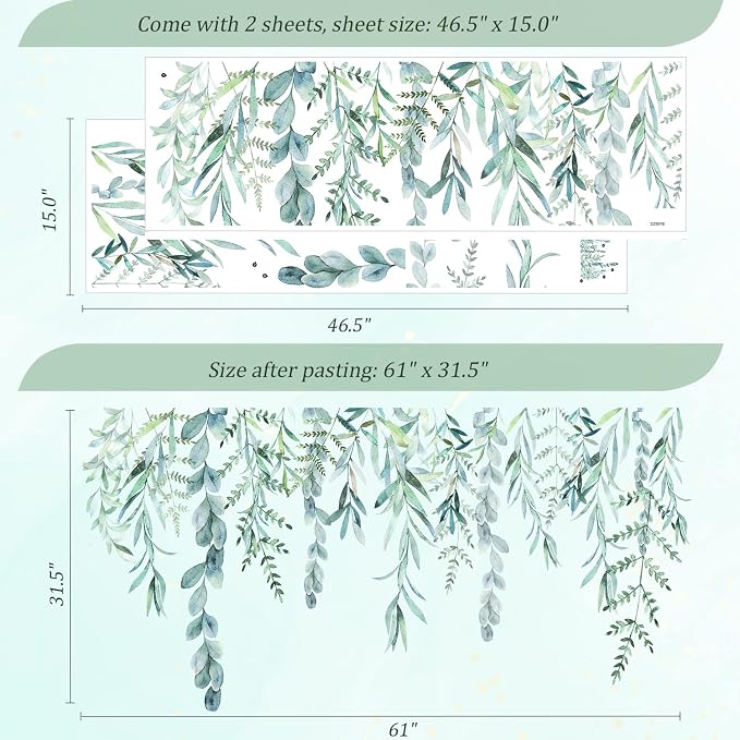 Green Hanging String of Willow Wall Decals Peel and Stick, Large Plants Vinyl Wall Stickers, Removable Vine Home Decor Art for Bedroom Living Room Classroom Office - Image 2