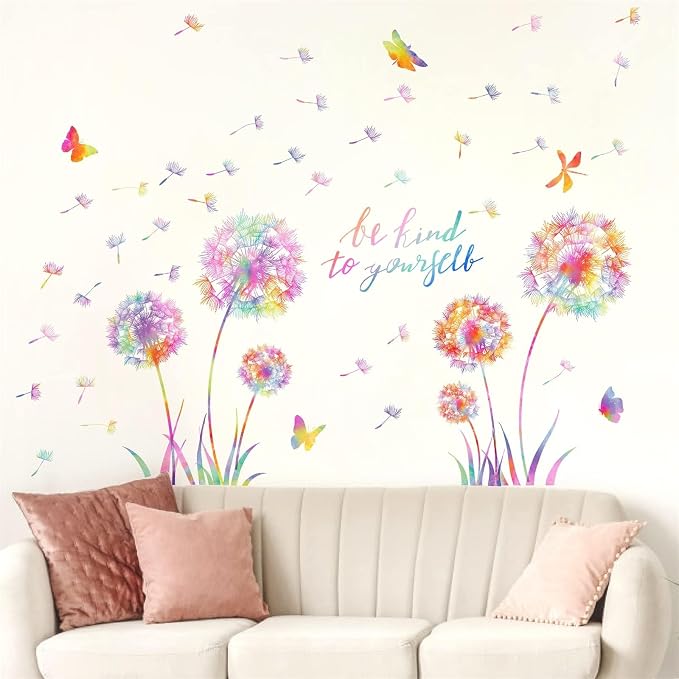 Large Dandelion Wall Decals Colorful Flower Art Stickers Peel and Sticks | wall stickers, floral dragonfly butterfly decor, removable vinyl, inspirational quotes, for kids girl bedroom living room by HATARU