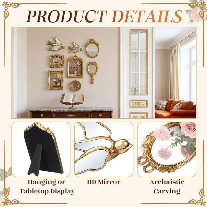 Novabright 8 Pcs Vintage Gold Picture Frame Wall Mirror Decor Set for Gallery, Small Antique Gold Mirror Luxury Ornate Pohot Frames for Wall Table Display(Farmhouse) - Image 3