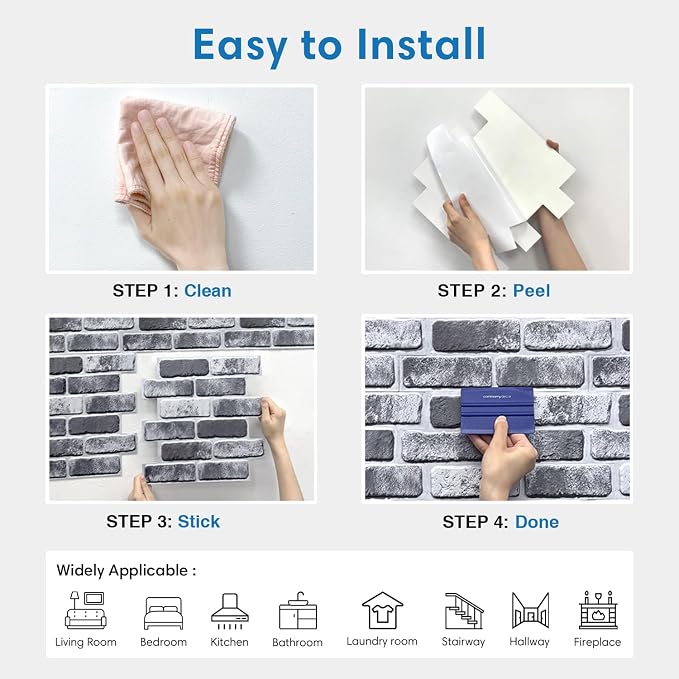 COMSTICKC 3D Faux Brick Wall Panels Peel and Stick, 10 Pcs 11.8" x 11.8" | Gray, Not Real Brick, Small Size, Thin PVC Brick Wall Sticker Covering Wallpaper for Quick Wall Upgrades, Cover 9.7 sq ft - Image 8