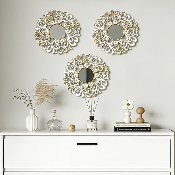 DXYAKY 3 Pack Floral Ornate Decorative Wall Mirror - Elegant White with Gold Accents, 9.8" Plastic Round Mirror Set, Lightweight Wall Art Décor for Bedroom, Bathroom, Living Room & Entryway - Image 2