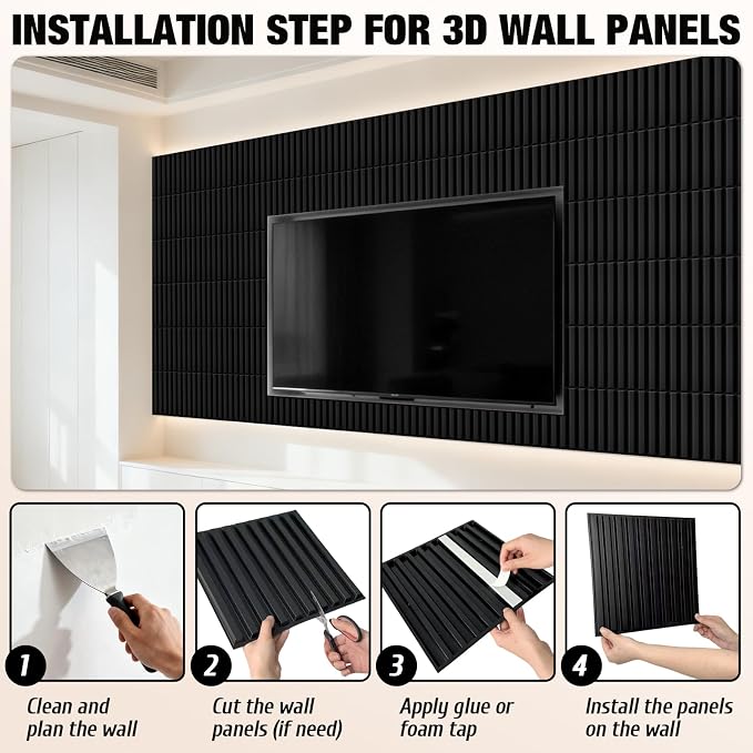 33 Pcs Black 3D PVC Wall Panels 12X12in, Interior Fluted Accent Wall Decor | Modern Decorative Wall Tiles, Textured Wall Panels for Bedroom, Bathroom, Living Room, Ceiling, TV Background - Image 6