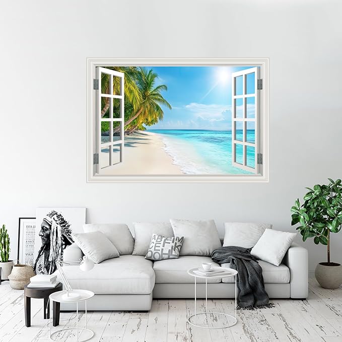 Fake Window Wall Decal- Summer Beach Ocean Tropical Coconut Tree Art Mural | Faux Window Seascape Natural Scenery Landscape Sticker｜ Stick and Peel Wall Decals｜for Room Bedroom Office Decor｜24"x16" - Image 5
