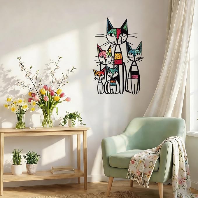 Wesiti Cat Metal Wall Art, 5 Cats Leopard Print Sculpture 10.6"x15.7" | Colorful Mid Century Design for Feline Lovers, Iron Sculptures, Home Living Room Bedroom Kitchen Office Hanging Accent - Image 5