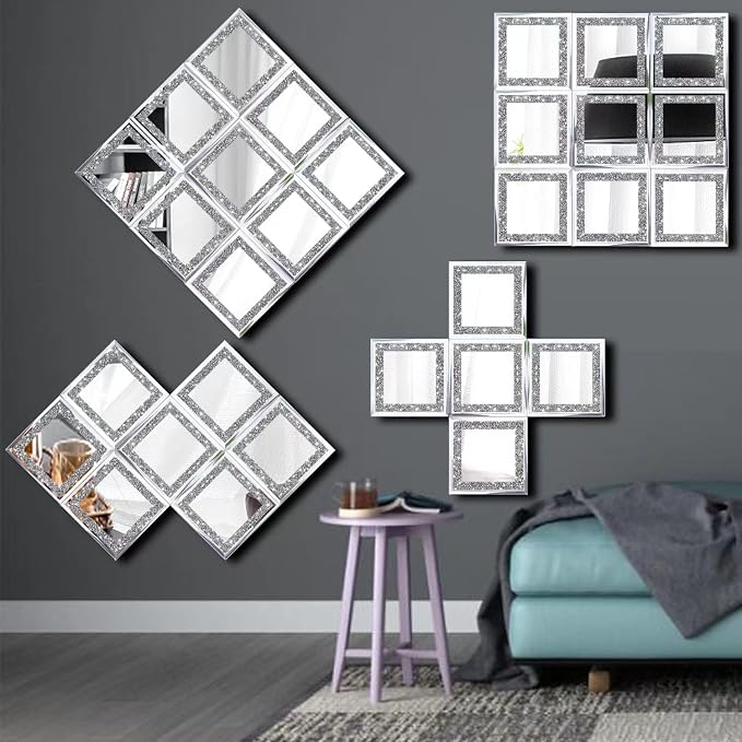 Crush Diamond Mirrors Wall Decor 6inch Mirror Tiles for Crafts, 8 Pack Square Silver Diamond Glass Mirrors for Home Wall Decor, Mosaics DIY. - Image 2