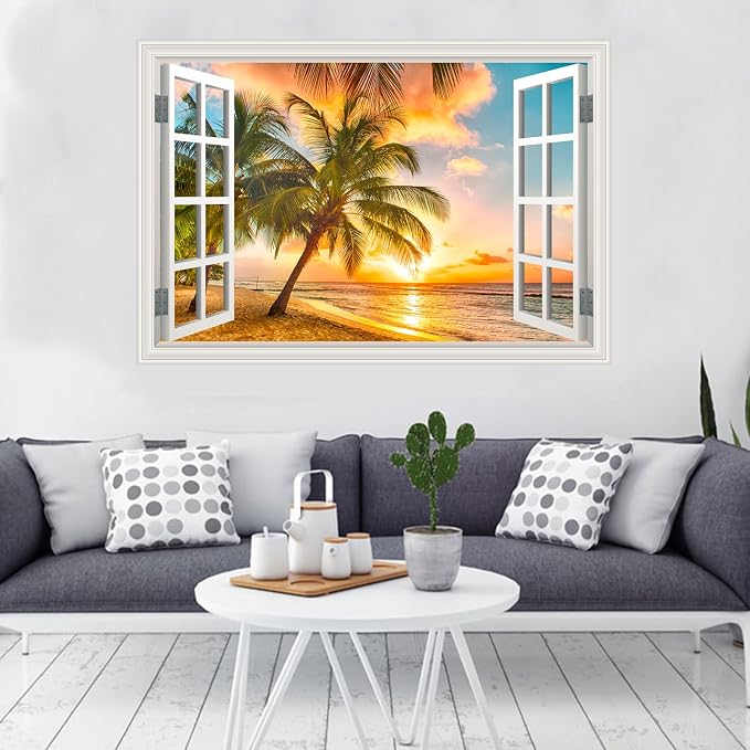 Fake Window Wall Decal- Summer Beach Ocean Coconut Trees Open Art Sticker | Faux Window Natural Scenery Landscape Mural ｜ Stick and Peel Wall Decals｜for Room Bedroom Office Scene Picture Decor｜24"x16" - Image 5