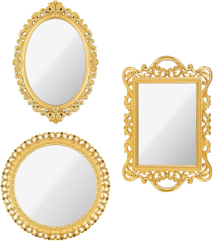 YEXEXINM 3 Styles Vintage Gold Mirror Set Decorative Antique Mirrors for Wall Hanging Vanity Table Mirrors with Stand Resin Frame Retro Mirror for Living Room, Bedroom, Dresser & Photography Decor by YEXEXINM