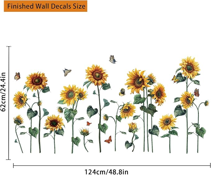 Watercolor Sunflower Wall Sticker Peel and Stick Flower Butterfly Wall Decal Vintage Floral Plant Wall Art Mural Green Leaf Wall Stickers for Living Room Bedroom Decor - Image 6