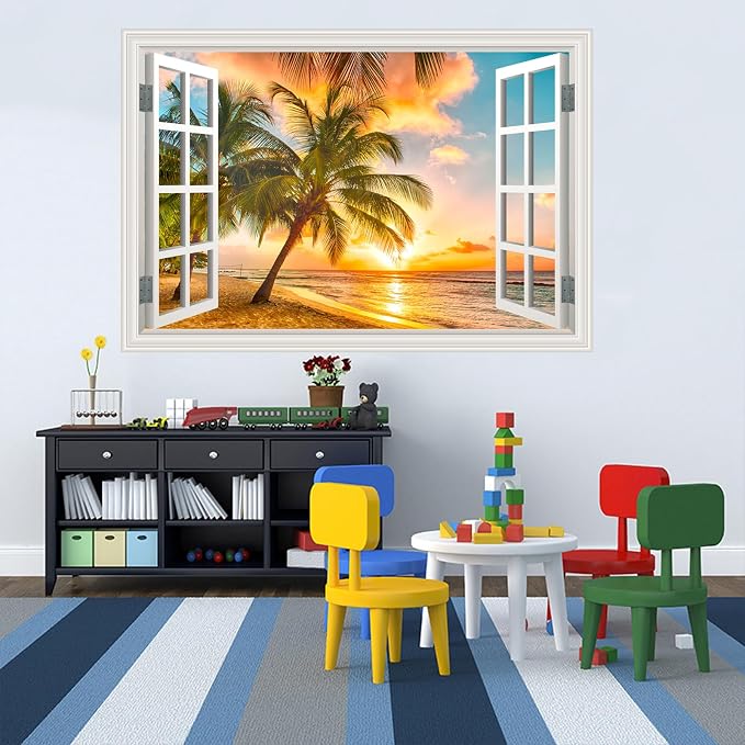 Fake Window Wall Decal- Summer Beach Ocean Coconut Trees Open Art Sticker | Faux Window Natural Scenery Landscape Mural ｜ Stick and Peel Wall Decals｜Room Bedroom Office Decor｜48"x32",Set of 2 Sheets - Image 6