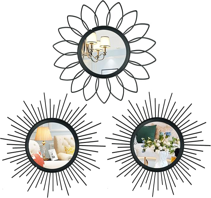 3 Pack Metal Mirrors for Wall Sunburst Wall Mirrors Home Décor Decorative Hanging Wall Art for Living Room Bedroom Entryway (Black, Flower+Sunburst) by Uaussi