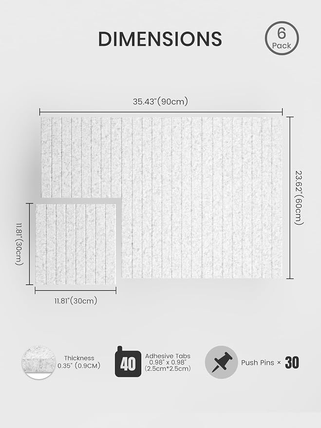 Bumusty 36"x 24" Large Felt Bulletin Board Tiles,Light Gray | 6-Pack Cork Board Alternative, Wall Decor, 30 Pushpins, 30 Adhesive Tabs, Vision Board, Office, Classroom, Home, Dorm - Image 2