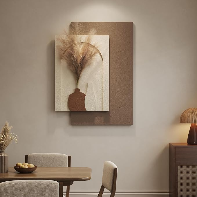Cuspin Boho 3D Textured Wall Art, Neutral Artwork for Walls with Pampas | Beige Brown Sandstone Textured, Faux Pampas, Layered Panle Design, Art for Living Room Bedroom Dining Room - Image 3