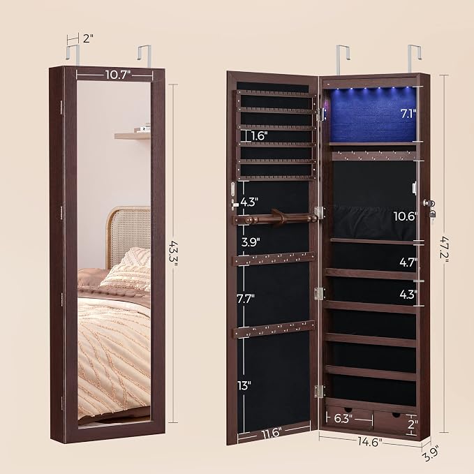 SONGMICS 6 LEDs Mirror Jewelry Cabinet, 47.2-Inch Tall, Lockable - Image 6