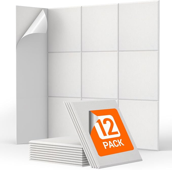 TONOR 12 Pack Acoustic Panels Self-adhesive, 11.6"x 11.6"x 0.4" Square Soundproof Wall Panels, Noise Dampening Insulation Treatment Wall Decor Sound Absorbing Padding for Recording Studio Home, White by TONOR
