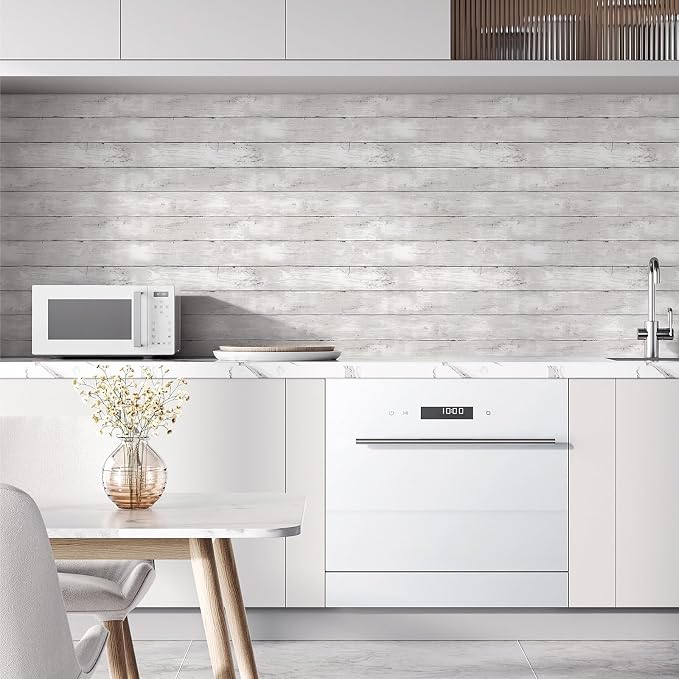 Peel and Stick Wallpaper 17.3" X 120" Vintage White Gray Wood Shiplap Wallpaper Peel and Stick Contact Paper Rustic Removable Self Adhesive Wood Wall Paper for Bedroom Bathroom Cabinets - Image 7