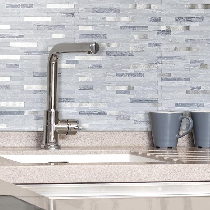 AULIGET 20 Sheets Faux Stone Peel and Stick Backsplash, Light Grey Marble Look PVC Mixed Metal Wall Tiles Stick on Backsplash for Kitchen - Image 7