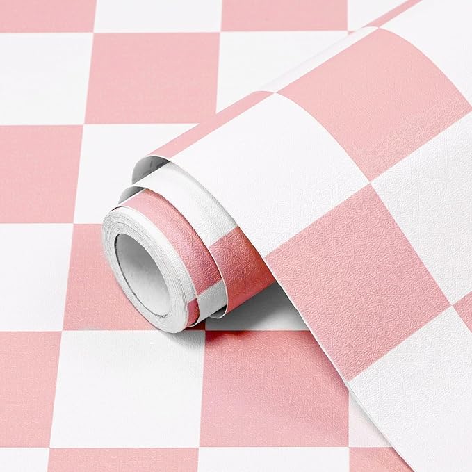 Pink and White Contact Paper Mosaic Checkered Peel and Stick Wallpaper 17.3"x120" Self Adhesive Waterproof Vinyl Roll for Bathroom Kitchen Backsplash Cabinets Shelf Liners Drawers by Qianglive