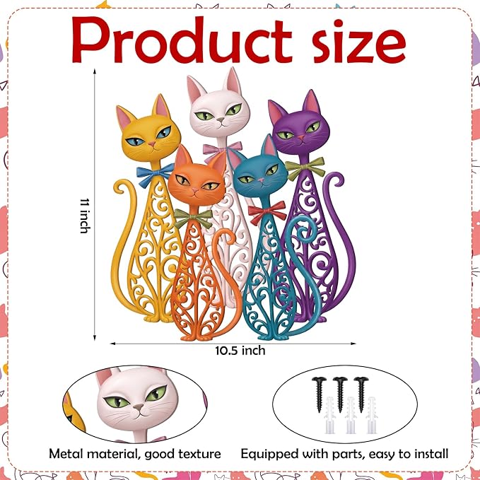 Wesiti 5 Pcs Cat Metal Wall Art, Colorful Retro Mid Century 10.5x11 | Hollow Iron Sculptures for Cat Lovers, Home Living Room Bedroom Kitchen Office Decor, Vintage Artistic Design - Image 2