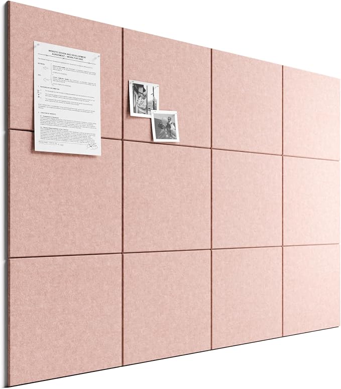 Bumusty 48"x 36" Large Felt Bulletin Board Tiles, Pink | 12-Pack Cork Board Alternative, Wall Decor, 30 Pushpins, 60 Adhesive Tabs, Vision Board, Office, Classroom, Home, Dorm by BUMUSTY