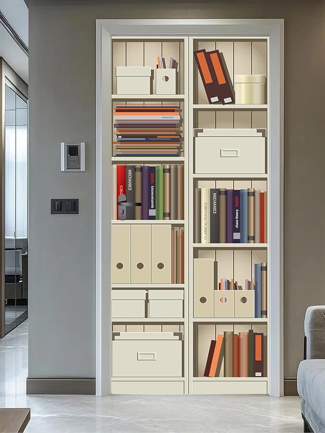 artfanke 3D Bookshelf Door Stickers Peel and Stick33.5 x84.6 - Self-Adhesive Door Murals Wallpaper - Waterproof Wall Decal for Living Room Bedroom Decor (2 Sheets/Set) - Image 4