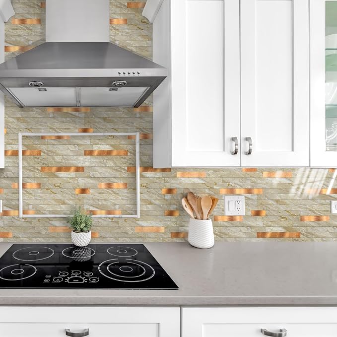 Yipscazo 20 Sheets Peel and Stick Stone Metal Tile Backsplash, Stick on Tiles for Backsplash Kitchen, Bathroom, Laundry Room, Camper, Fireplace (12'' X 12'', Polished Beige) - Image 2