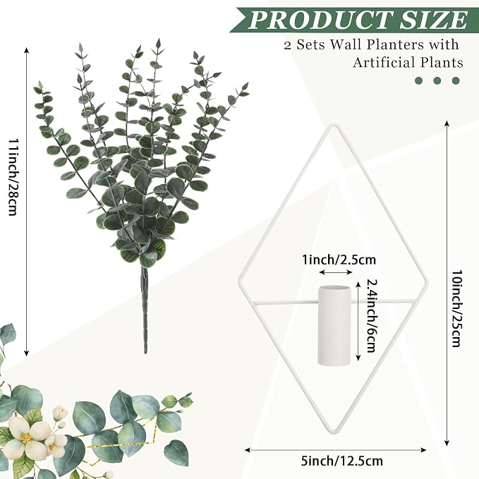 Jexine 4 Pcs Hanging Artificial Planters Wall Decor, White, Eucalyptus | Bathroom Wall Decor, Geometric Metal Vase, Indoor Plants, Living Room, Home Office, Entryway, Boho Accent, Wall Mounted - Image 2