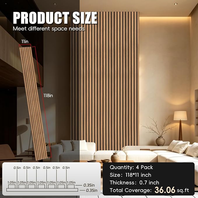 RITOLLO Wood Panels for Wall, 4 Pack Wood Slat Acoustic Panels, 118 x 11 in 3D Fluted Sound Absorbing Panels for Interior Wall Decor, Accent Wall for Living Room, Bedroom, Home Office (Classic Walnut) - Image 2