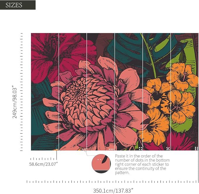 Floral Peel and Stick Wall Mural, Leather Textured Vintage Self-Adhesive Wallpaper for Bedroom Living Room Background Wall Decor, Vintage Flat Floral, Bright, 137.24'' x 98.03'' - Image 3