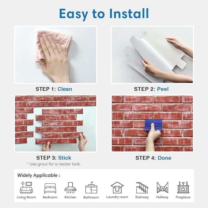 COMSTICKC 3D Peel and Stick Faux Brick Wall Panels for Quick DIY Wall Decor | Red, 10 Pcs 15.7" x 11.8", Not Real Brick, Lightweight Thin PVC Fake Brick Decorative Wall Sticker Covering, Cover 12.9 sq ft - Image 8