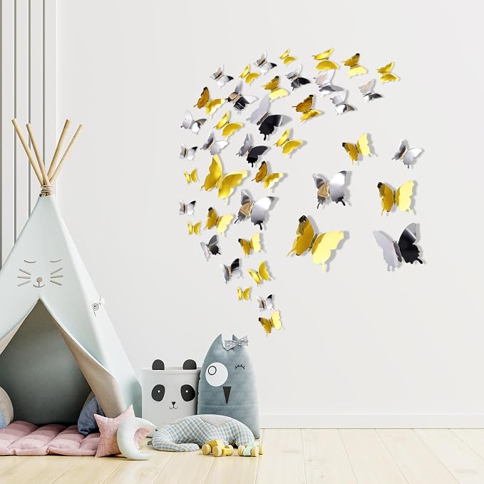BBTO 48 Pcs 3D Butterfly Mirror Wall Decor,Gold,Silver | Butterfly Stickers,3 Sizes,for Birthday Party Cake,Room Nursery Bathroom Wall Decor,Removable Peel Stick,Reflective - Image 3