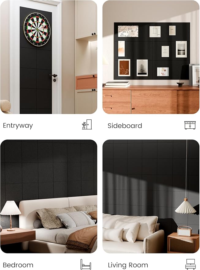 Bumusty 48"x 36" Large Felt Bulletin Board Tiles, Black | 12-Pack Cork Board Alternative, Wall Decor, 30 Pushpins, 60 Adhesive Tabs, Vision Board, Office, Classroom, Home, Dorm - Image 6