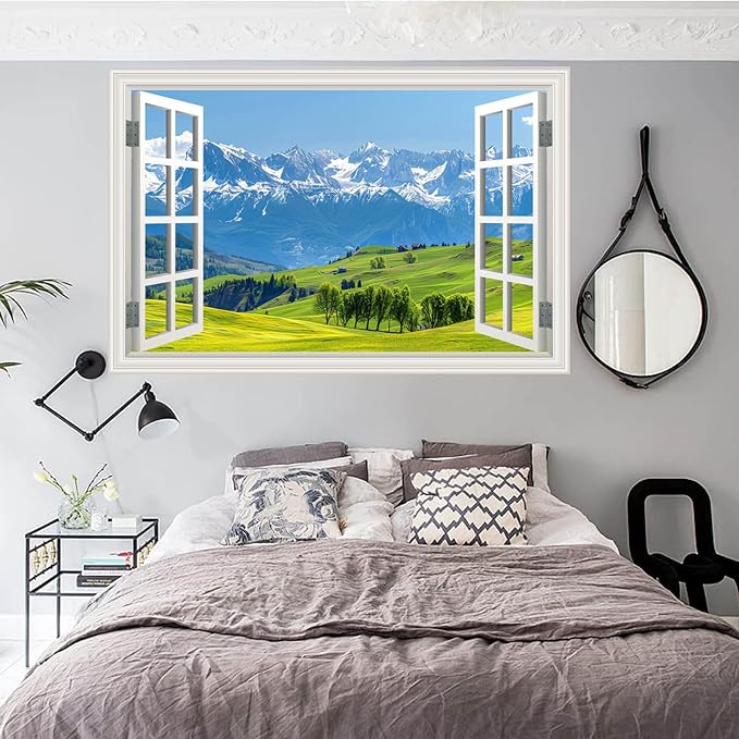 Fake Window Wall Decal- Mountain Forest Green Grassland Open Wall Sticker | Faux Window Natural Scenery Landscape Art Mural｜Stick and Peel Wall Decals｜Room Bedroom Office Scene Picture Decor｜24"x16 - Image 8