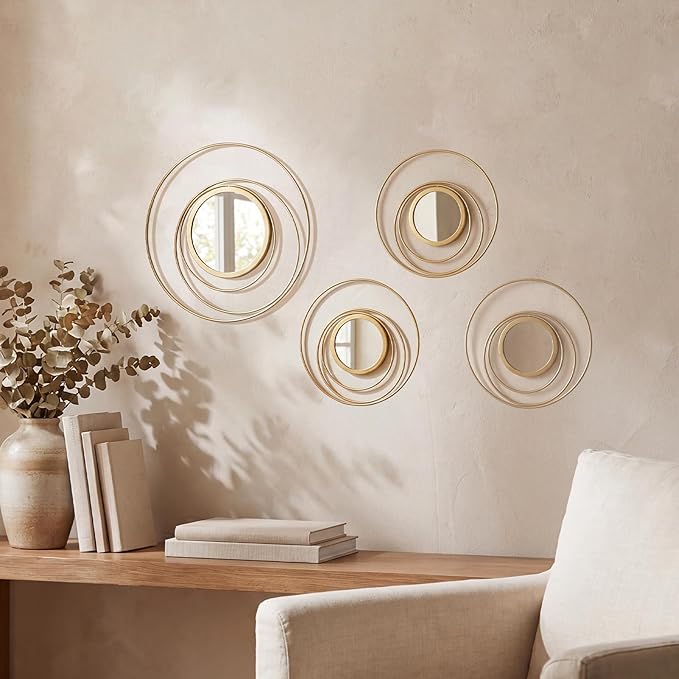 4 Piece Gold Round Wall Mirror Set Modern Metal Circles for Home Decor by sxnzequnze