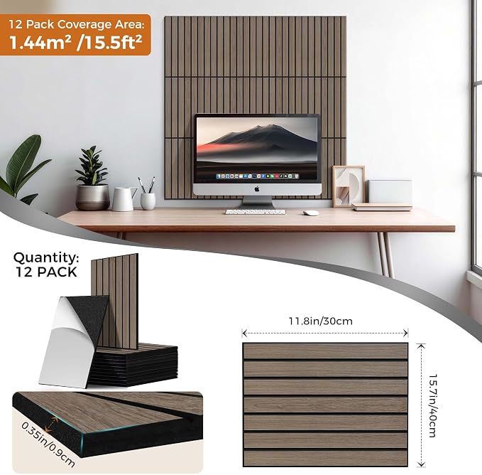 TO-TH Soundproof Panels Self-Adhesive Acoustic Wall Panel 12 Pack, Walnut | PVC Wood Grain Finish, Peel and Stick Wall Panels, 11.8"x15.7"x0.35", 100%Polyester Fiber, Wall Panel for Interior Wall Decor - Image 6