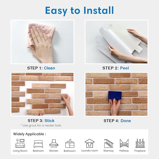 COMSTICKC 3D Faux Brick Wall Panels Peel and Stick, 10 Pcs 15.7" x 11.8" | Light Brown, Not Real Brick, Thin PVC 3D Fake Brick Decorative Tiles Sticker for Easy DIY Interior Decor, Cover 12.9 sq ft - Image 8