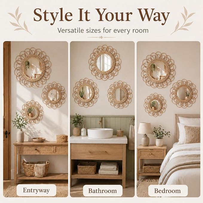 Vercraft 3 Pack Boho Rattan Mirror Wall Hanging Wicker Flower Decor - Image 3