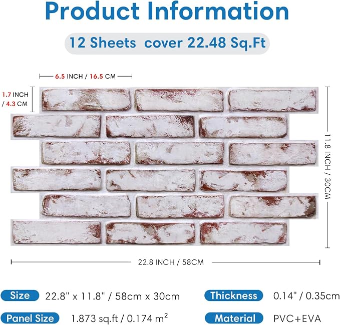 COMSTICKC 3D Faux Brick Wall Panels Peel and Stick Decorative Tiles Sticker | Red-Tinted White, 12 Pcs 22.8" x 11.8", Not Real Brick, Thin PVC Fake Brick Wall Covering for Wall Makeover,Cover 22.48 sq ft - Image 5